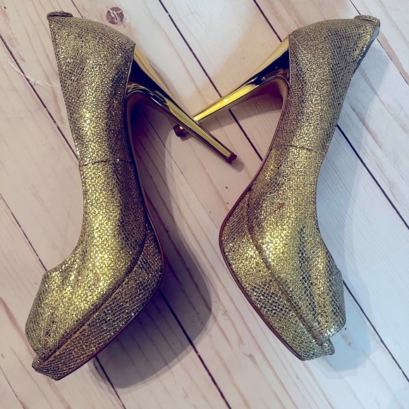 Michael Kors York Evening Platform Open Toe Pumps Heels Gold Glitter - Picture 6 of 8